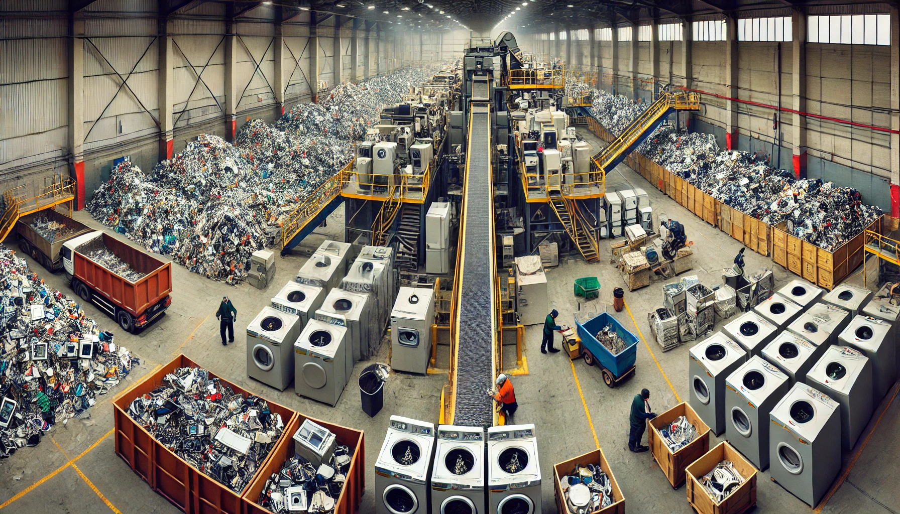 DALL·E 2024-10-04 14.52.55 – Inside an industrial warehouse, organized piles of Waste Electrical and Electronic Equipment (WEEE) are neatly arranged. In the center, a shredding li